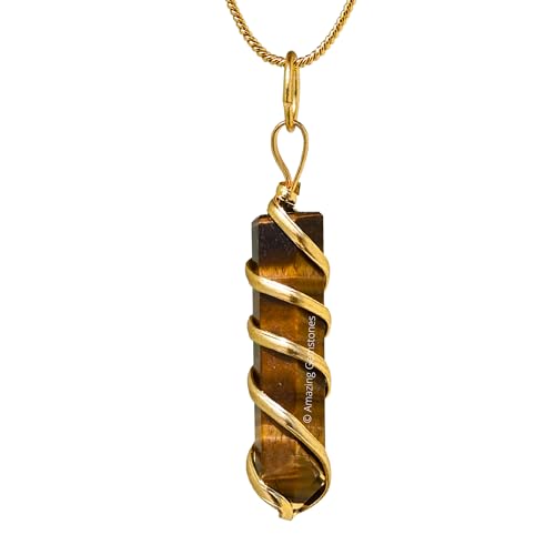 Amazing Gemstone Tiger Eye Crystal Necklace Pendant For Women, Gold Wire Wrapped Dainty Minimalist Healing Crystal Necklaces For Men Kids Unisex Necklace Jewelry With 20 Inches Adjustable Chain & Leather Cord