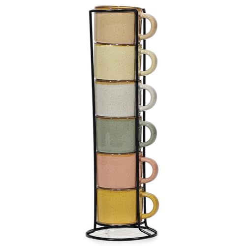 Set 6 Tazzine Caffè Ceramica Colorate 8cl con Supporto Metallo Stand Salvaspazio Servizio Tazze da Caffè Moderne per Casa Bar e HORECA stile Rustico Chic