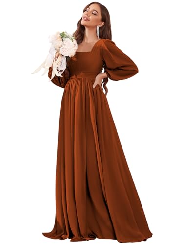 Chiffon Bridesmaid Dresses for Women Blue 2025 Petite A-Line Long Sleeve Evening Formal Dress with Pockets Size 0