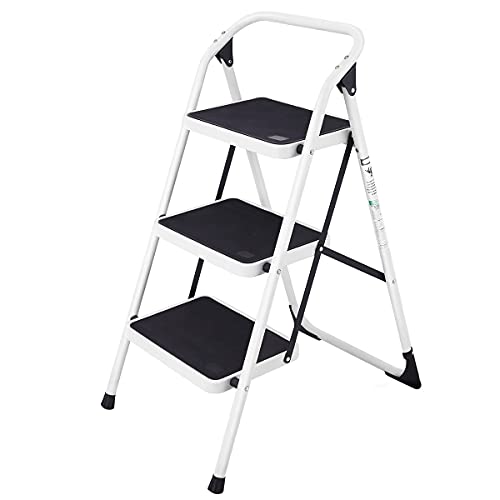 ERGOMASTER 3 Step Ladder Folding Step Stool Portable Lightweight Step Ladders with Sturdy Steel Frame and Wide Anti-Slip Pedal for Home Office Garage Library - 330 lbs Capacity