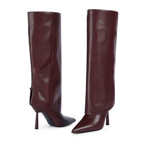Modatope Fold Over Knee High Boots Women Pointed Toe Stiletto Heel Tall Boots Side Zipper Womens Dressy Boot3