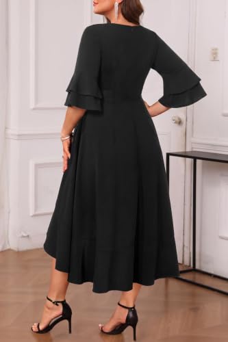 Image of Plus Size Wedding Guest Dress - Double Bell Sleeve High Low Split Dresses | Semi formal cocktail dress, V-neck double bell sleeves with belted high-low split ruffle hem.