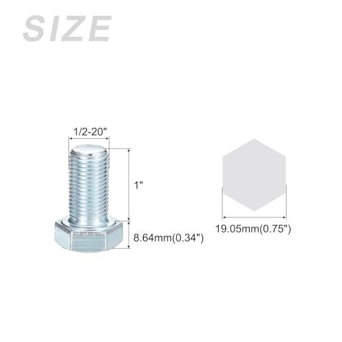 Image of METALLIXITY Hex Bolts (1 /2-20x1) 5Pcs, Grade 2 Carbon Steel Zinc Plated Fully Threaded, UNF Fine Thread Hex Head Screw Bolt - for Furniture Repair, Silver