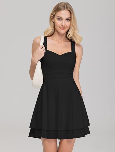 Image of IWD Women's Square Neck Sleeveless Mini Dress Ruched Waist Tiered Ruffle Hem A Line Short Dresses