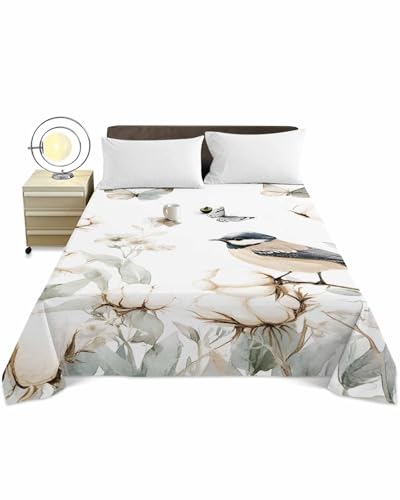 Twin Top Sheet Bedding Flat Sheet Only, Rustic Bird Blossom Cotton Soft Microfiber Bed Sheets Hotel Luxury, Spring Butterfly Leaves Breathable Top Sheets Easy Care