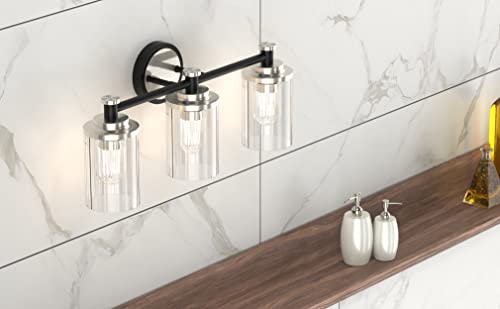 Image of Bathroom Lighting Fixtures Black and Brushed Nickel Bathroom Vanity Light with Cylindrical Clear Stripes Glass Lampshade E26 Socket Base Bathroom Lighting Fixtures Over Mirror (3 Lights)