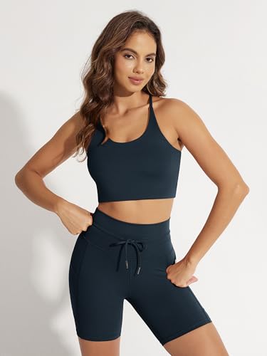 Image of ODODOS Halter Sports Bra for Women Non Padded Strappy Tops Yoga Crop, Deep Navy Bule, Medium