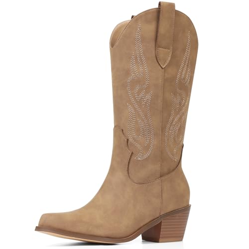 AOSPHIRAYLIAN Cowboy Boots for Women Retro Pointed Toe Pull On Block Chunky Heel Glitter Sparkly Metallic Embroidecamel Country Concert Outfits Calf Western Cowgirl Boots