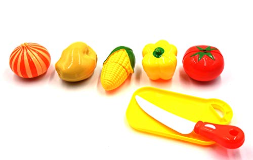 BCARE Baby’s BPA Free Plastic Realistic Fruits Vegetables Slice Chopping Board Gift Toys Kids Cutting-Board Kitchen Set Toy with Knife, Set of 1