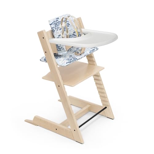 Image of Tripp Trapp High Chair and Cushion with Stokke Tray - Natural with Waves Blue - Adjustable, Convertible, All-in-One High Chair for Babies & Toddlers