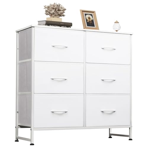WLIVE White Dresser for Bedroom, 6 Drawer Double Dresser, Fabric Storage Tower with Fabric Bins,...