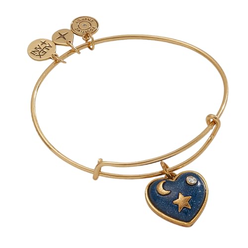 Alex and Ani Path of Symbols, Heart Bangle Bracelet, Antique Gold Finish, Blue Charm, 2 to 3.5 in