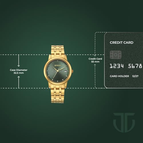 Image of Titan Bandhan Eternal Pair Analog with Date and Green Dial Yellow Gold Stainless Steel Strap Watch for Couples - 19672967YM01
