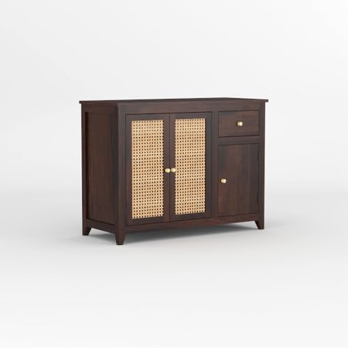 Image of Solid Sheesham Wood Sideboard Cabinet for Living Room | Crockery Cabinet with 2 Rattan Cane Door | Kitchen Display Unit 2 Rattan Cane Doors,1 Door Cabinet & 1 Drawer (Walnut Finish)