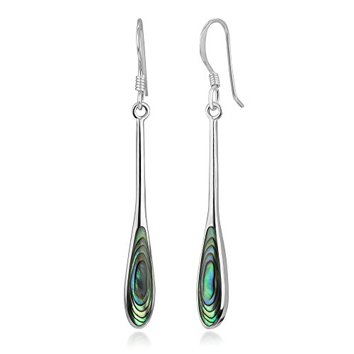925 Sterling Silver Natural Green Abalone Shell Inlay Elegant Long Teardrop Hook Earrings 1.85