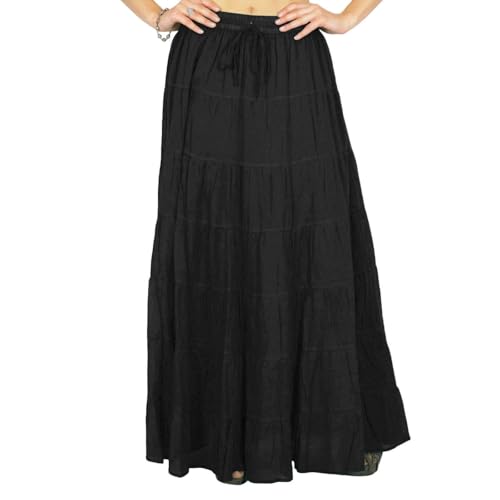 Women's 100% Cotton Skirts Tiered A Line Long Skirts Maxi Elastic High Waist Summer Trendy Flowy Boho Drawstring Skirt