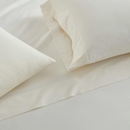 Image of Martha Stewart - King Size Sheets Set, Crisp & Tailored Cooling Sheets with a Naturally Smooth Cotton Percale Lightweight Feel - Bed Sheets with Matching Pillowcases & Fitted Sheet (Stripe Yellow)