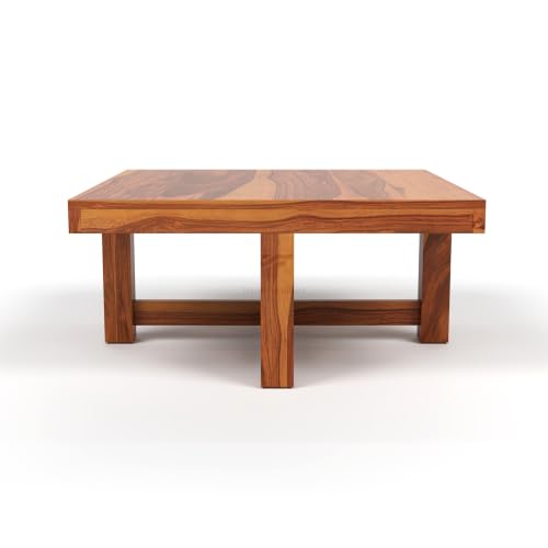 Image of ONIJA Solid Sheesham Wood Coffee Table with 4 Stools | Rosewood Centre Table with Cushioned Stool for Living Room (Urban, Honey Finish)