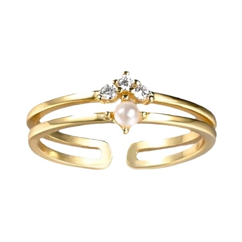 Cubic Zirconia Rings For Women, Pearl Ring Trendy Crown Shape Copper Non Tarnish Stackable Engagement Statement Birthday Open Adjustable Jewelry Gift