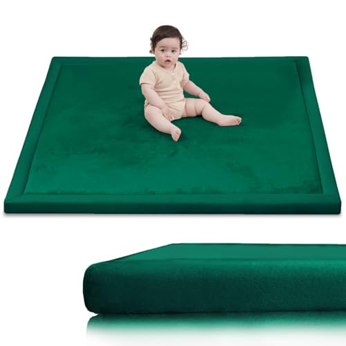 Image of Huloo Sleep Ultra Soft Baby Play Mat for Floor, 1.3 inch Thick Elasti-Foam 65x50 Play Mat for Playpen,Water-Repellent Coral Velvet for Tummy Time, Non-Slip Backing,Safe for Toddlers & Infants(Dark Green)