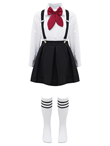 inhzoy Mädchen Faltenrock Set Sommer Japan England Schuluniform Kurzarm Bluse Hosenträger Minirock mit Krawatte Chor Kostüm C_Schwarz 158-164/13-14 Jahre