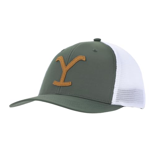 Bioworld Boné de caminhoneiro Olive Elite Flex com logotipo Yellowstone, Logotipo Yellowstone Oliva,