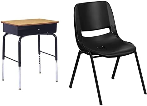 ECR4Kids 24in x 18in Adjustable Open Front Student w/Metal Book Box Desk, 1-Pack, Black and Oak & Flash Furniture Hercules Series 440 lb. Capacity Kid's Black Ergonomic Shell Stack Chair