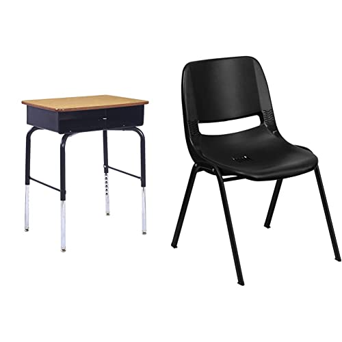 Ecr4Kids 24In X 18In Adjustable Open Front Student W/Metal Book Box Desk, 1-Pack, Black And Oak & Flash Furniture Hercules Series 440 Lb. Capacity Kid's Black Ergonomic Shell Stack Chair #TOP11