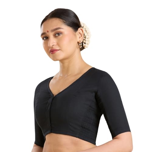Image of Studio Shringaar Women's Thick Handloom Cotton Plain Side Stretch (Smocked) Readymade Saree Blouse