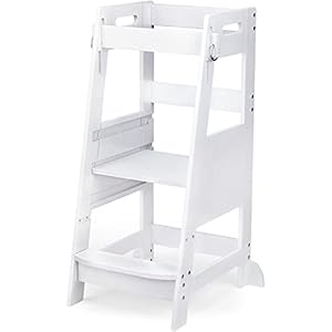 Toetol bamboo toddler kitchen step stool white helper standing tower height adjustable with anti slip protection for kids kitchen counter learning  urban country home decor
