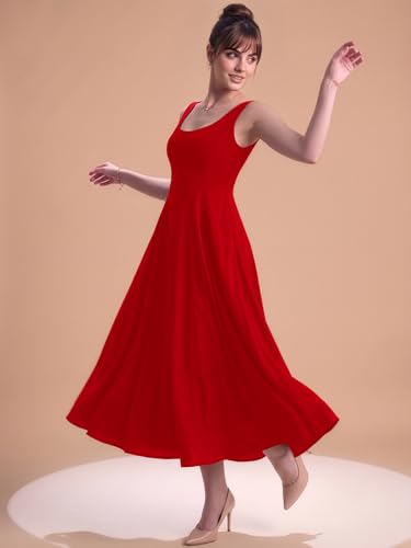 Image of Aahwan Solid Fit and Flared Round Neck Midi Dress for Women's & Girl's