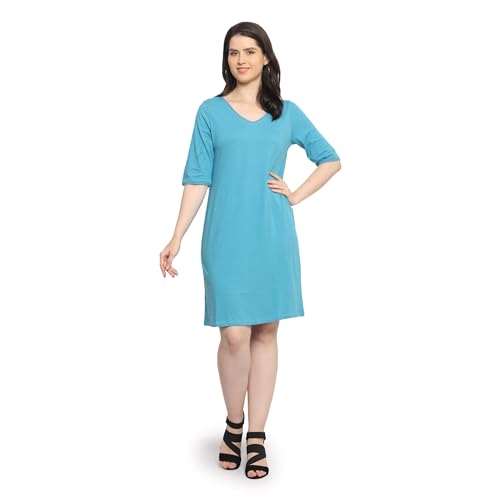 Image of Frenchtrendz Women's Cotton and Back Lace Designer V-Neck A-Line Knee Length Dress