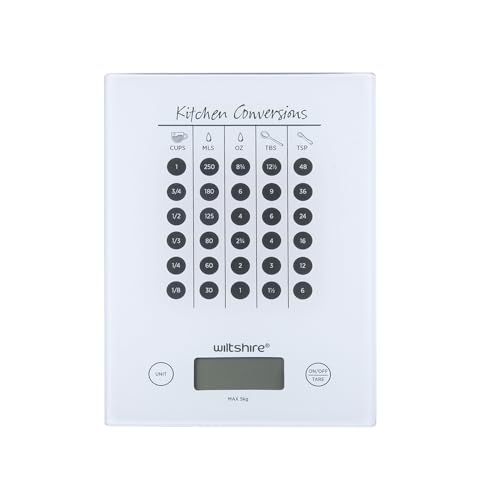 Wiltshire Digital Kitchen Scales 5kg – Slim Glass Platform Food Scale with Kitchen Conversions, Precise Weighing in g/kg/oz/lb, Easy-Clean Surface, Auto Shut-Off, Battery Included for Everyday Cooking