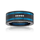 Metro Jewelry Anillo de circonita cúbica para hombre en acero inoxidable con chapado en iones negro y azul - 8 mm de ancho - Talla 8 a 12, Metal Metal Piedra preciosa, circonita