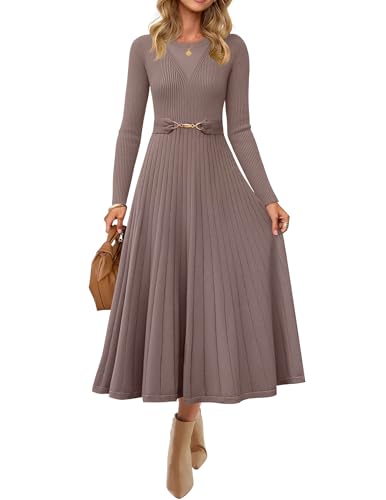 ZESICA Women's Long Sleeve Midi Sweater Dress 2026 Fall Crewneck Knit A Line Pleated Flowy Long Dresses with Belt,Khaki,Medium
