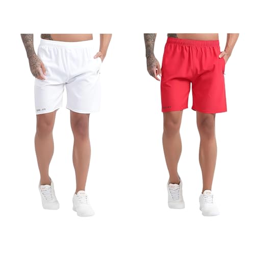 Image of BLUE STAR SHARK Athletic Sports Shorts for Men with Zip Pockets and Elastic Waistband Quick Dry Lightweight Activewear Combo - Pack of 2 (Color: White and Red, Size:XL)