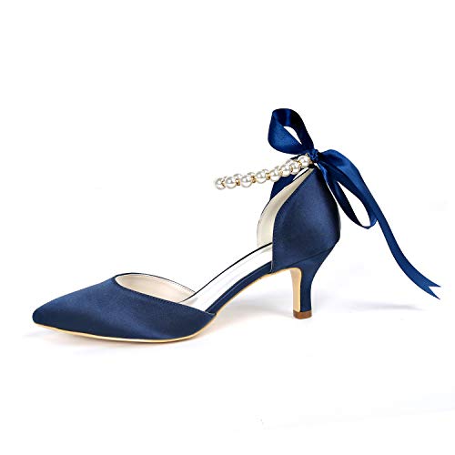 Women's Closed Toe Champagne Pearl Heels with Bow Wedding Shoes for Bride Low Heels Bridal Shoes Satin Heels Pumps3