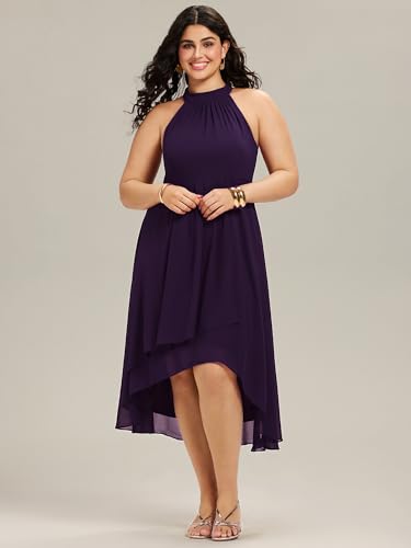Image of Ever-Pretty Plus Women's Sleeveless Halter A Line Pleated High Low Plus Size Wedding Guest Cocktail Dresses 31926-DA