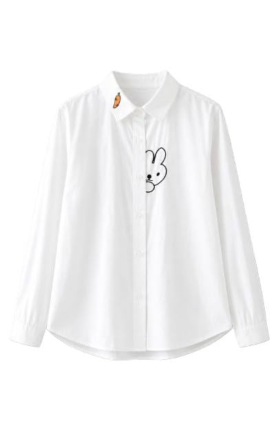 Rare Rabbit Women's White Rabbit Embroidered Shirt | Cute Cartoon Full Sleeve Casual Shirt for Women | Button Down Cotton Blend Korean Style Formal & Casual Top in white