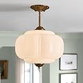Glazart Luxa Milk Glass Ceiling Light Fixture, 15" Vintage Semi Flush Mount Pendant Light with Antique Brass Finish, Schoolhouse Light Fixture - Antique Chandelier for Kitchen, Hallway, Dining Room