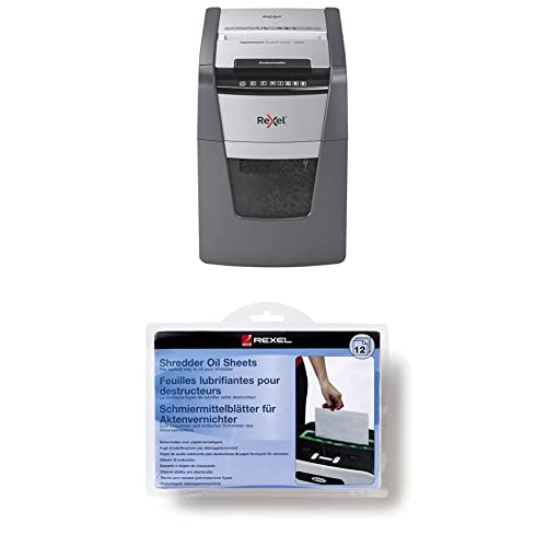 Rexel Optimum Autofeed Destructora de Papel de Alimentación Automática y Corte en Partículas P4, 100 Hojas, Papelera Extraíble de 34 litros + Pack de 12 láminas lubricantes para destructora de Papel