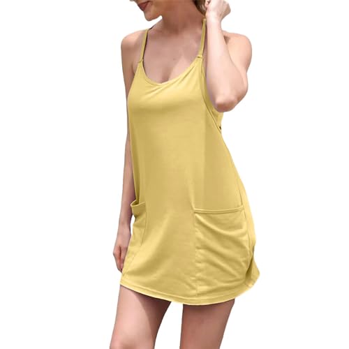 Image of UNIANKIYA Womens Workout Romper Dress with Shorts Underneath Sleeveless Spaghetti Straps Athletic Outfits Casual Vacation