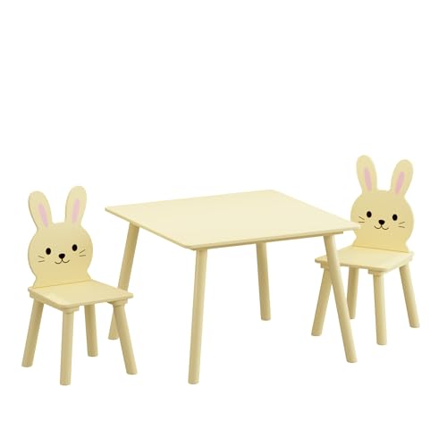 Image of Wood Table & Chairs 3 Pieces Set, Boys Girls Activity Table w / 2 Animal Shaped Chairs, Solid Wood Legs, Safe Rounded Corners, Playroom Furniture for Boys & Girls Activity Dining Drawing Craft.