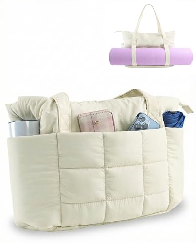 U+U Bolsa feminina acolchoada, Creme, Medium, Sacola acolchoada