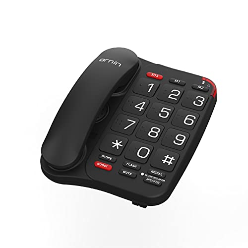 Téléphone Filaire Ornin S018 à Grandes Touches, Mains Libres, 3 mémoires directes, Audio Amplification +40dBm, Sonnerie Extra Forte pour Les Personnes âgées, Braille (Noir)