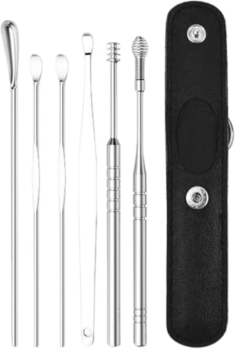 6個 耳かきクリーニングキット 耳垢除去キット、ステンレススチール耳垢クリーナー、収納バッグ付き、耳掃除用プロフェッショナルツール、再利用可能な耳クリーナー大人用耳垢除去製品(ピンク)