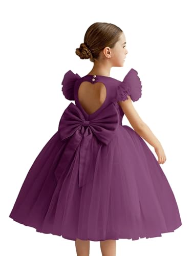 Tulle Flower Girl Dress for Wedding Puffy Satin Ruffle Sleeve Ball Gowns Tea Length Bow Knot Princess Dress