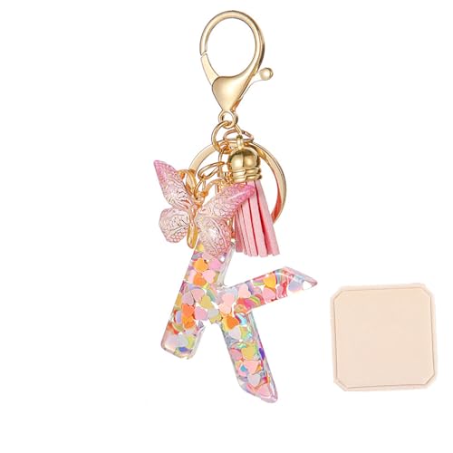 Butterfly Letter Keychain Tassel Design Vibrant Durable Lightweight Gift, Women Girl Initial Fashion Cute (Pink,K)