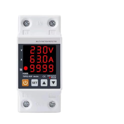 Relé protección sobrecorriente ajustable de 63A con medidor vatio hora y voltajes de 230V DIN