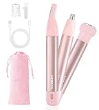 HEBECA Nose Hair Trimmer for Women 3in1 Facial Hair Removal Trimmers- Rechargeable, Waterproof, Portable with Travel Bag- Trims Nose, Ear, Eyebrow, Peach-Fuzz, Lips, Chin Face Hair Remover (Pink)